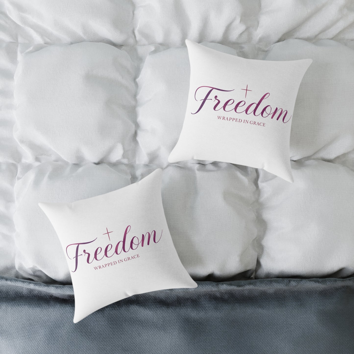 Freedom Wrapped in Grace Square Pillow — Inspirational Christian Decor