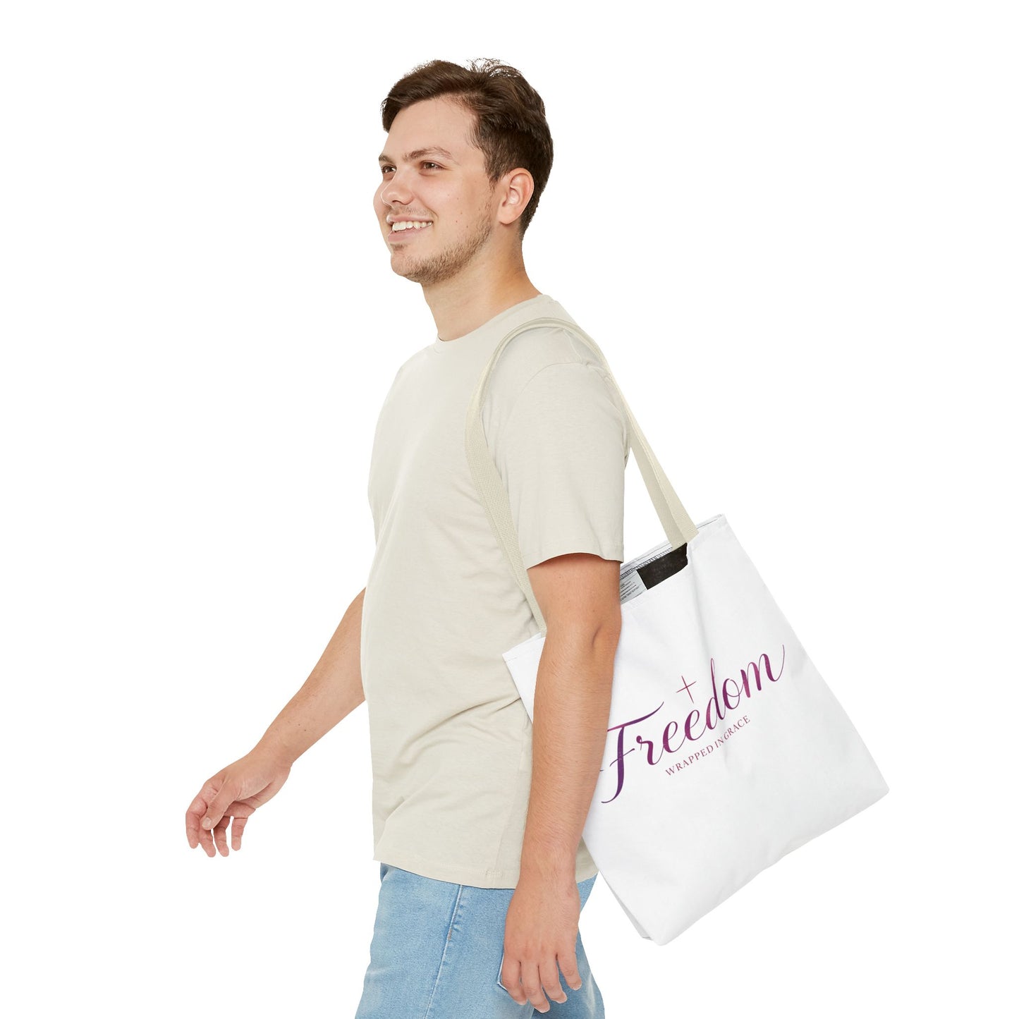 Freedom Tote Bag — "Freedom Wrapped in Grace" Inspirational Christian Canvas Tote