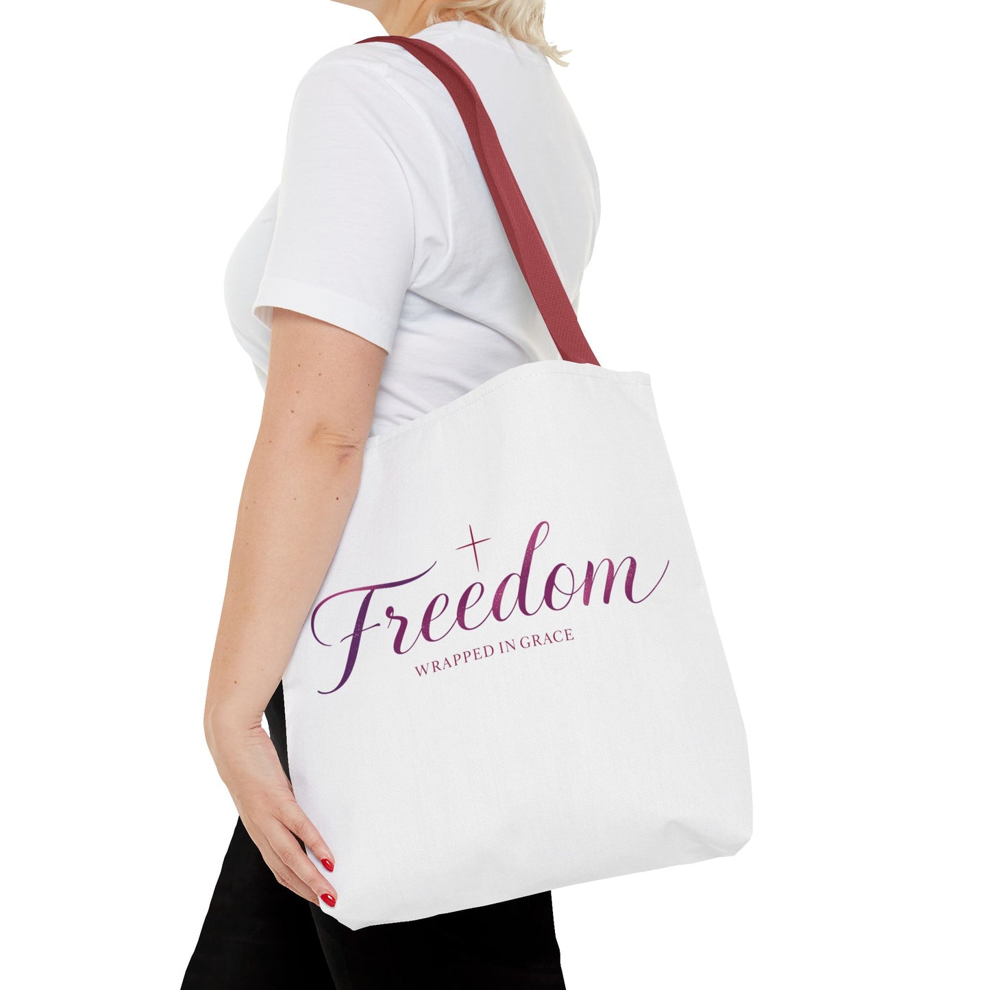 Freedom Tote Bag — "Freedom Wrapped in Grace" Inspirational Christian Canvas Tote