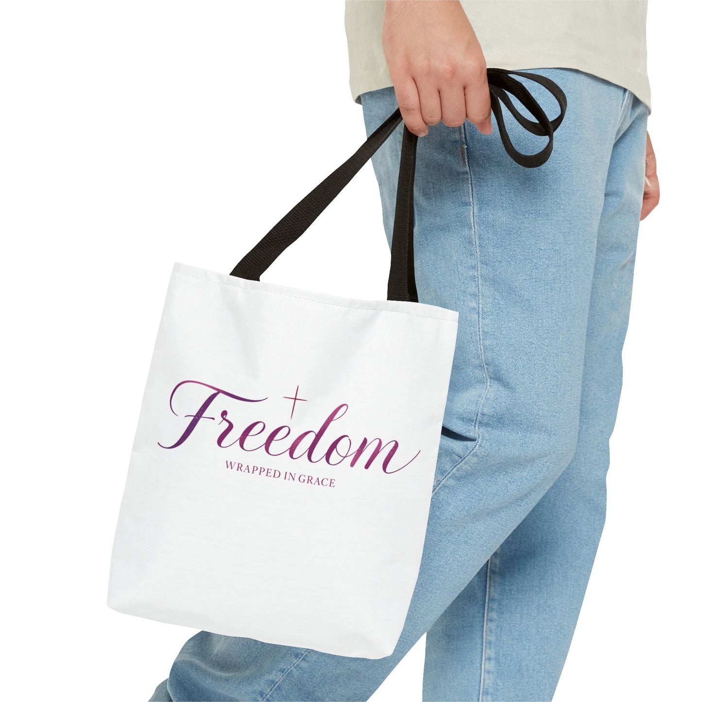 Freedom Tote Bag — "Freedom Wrapped in Grace" Inspirational Christian Canvas Tote