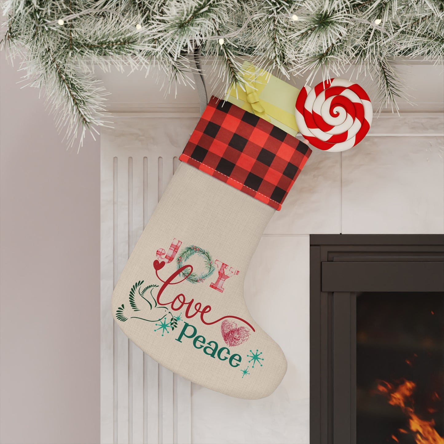 Buffalo Plaid Christmas Stocking — 'Joy Love Peace' Holiday Stocking
