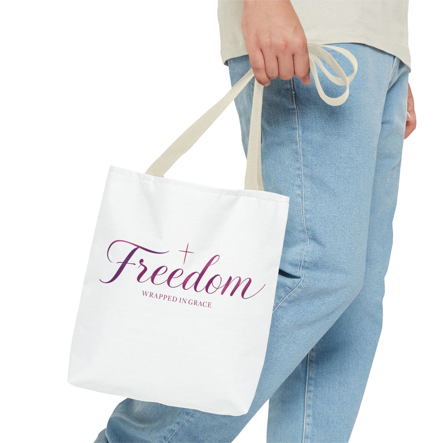 Freedom Tote Bag — "Freedom Wrapped in Grace" Inspirational Christian Canvas Tote
