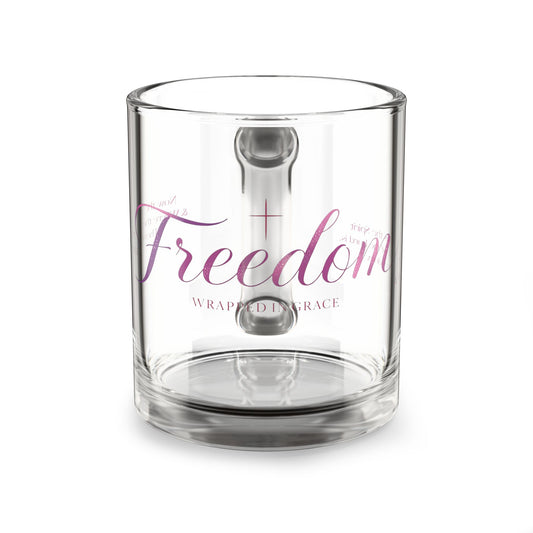 Freedom Wrapped in Grace Glass Mug — 10oz Inspirational Script Coffee Cup