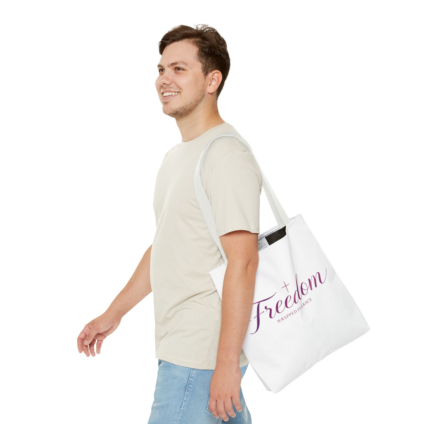 Freedom Tote Bag — "Freedom Wrapped in Grace" Inspirational Christian Canvas Tote