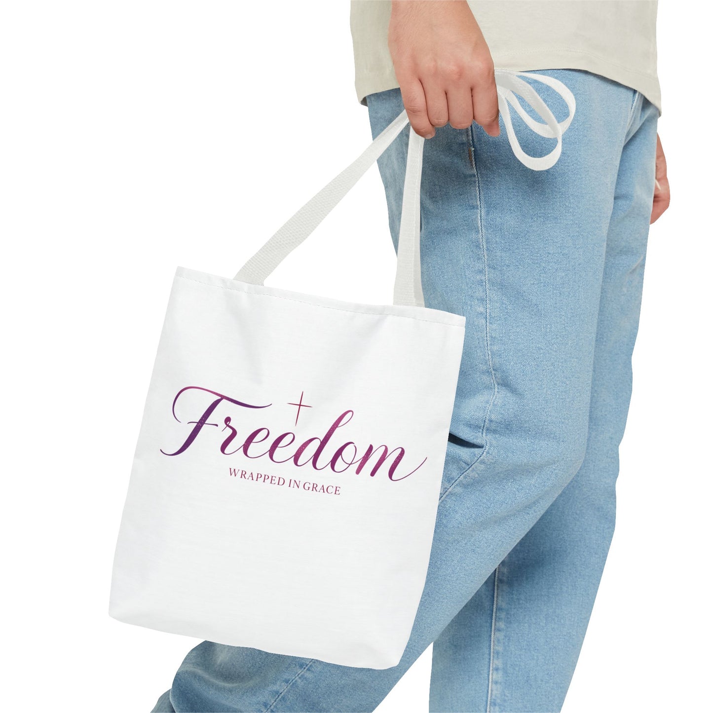 Freedom Tote Bag — "Freedom Wrapped in Grace" Inspirational Christian Canvas Tote