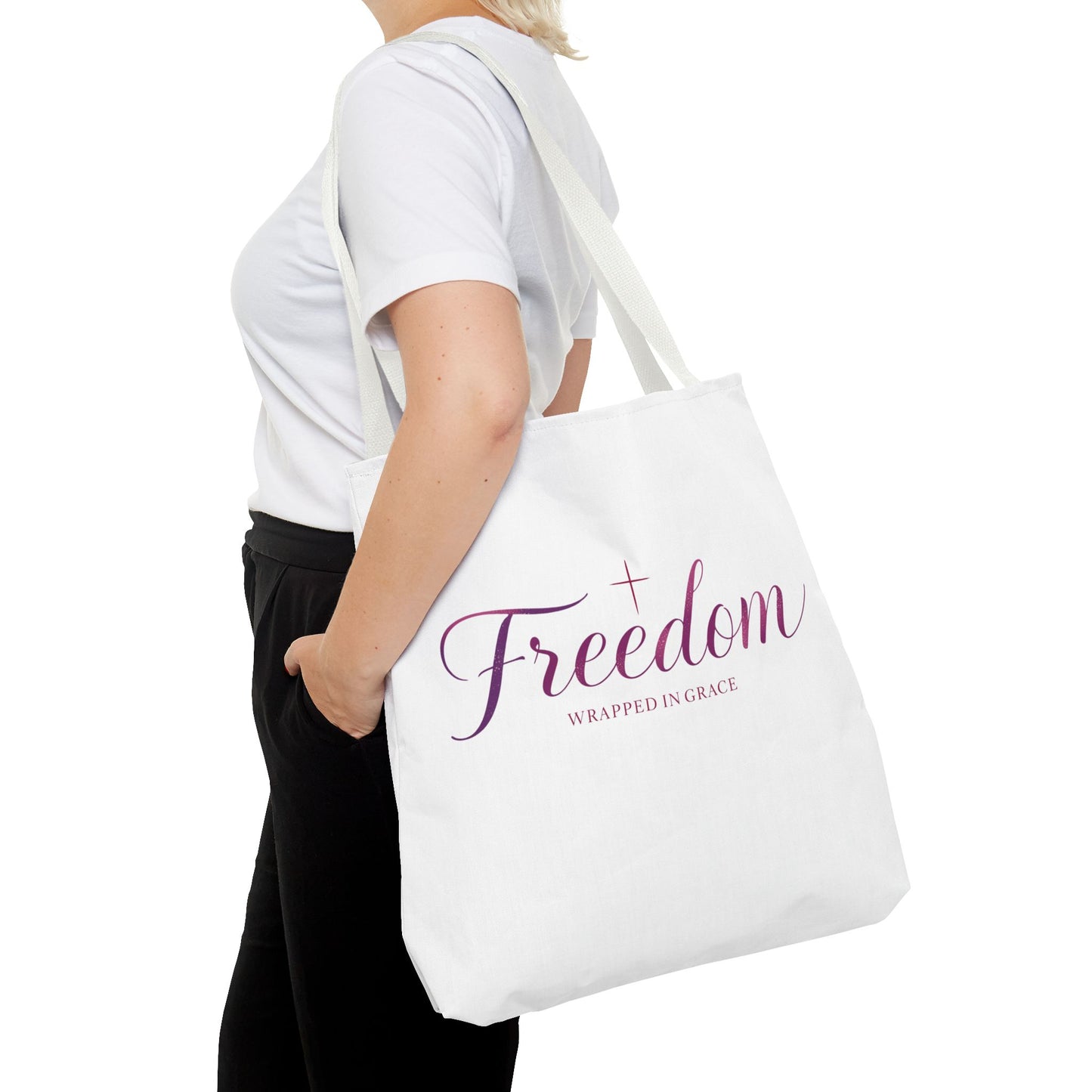 Freedom Tote Bag — "Freedom Wrapped in Grace" Inspirational Christian Canvas Tote
