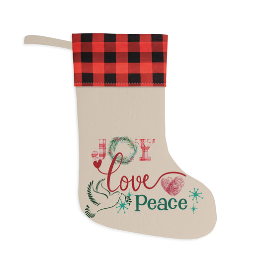 Buffalo Plaid Christmas Stocking — 'Joy Love Peace' Holiday Stocking