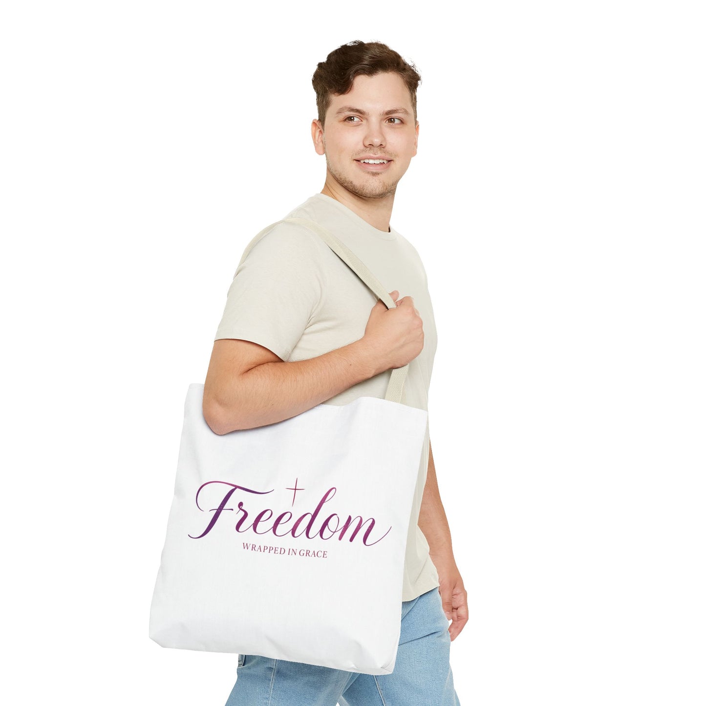 Freedom Tote Bag — "Freedom Wrapped in Grace" Inspirational Christian Canvas Tote
