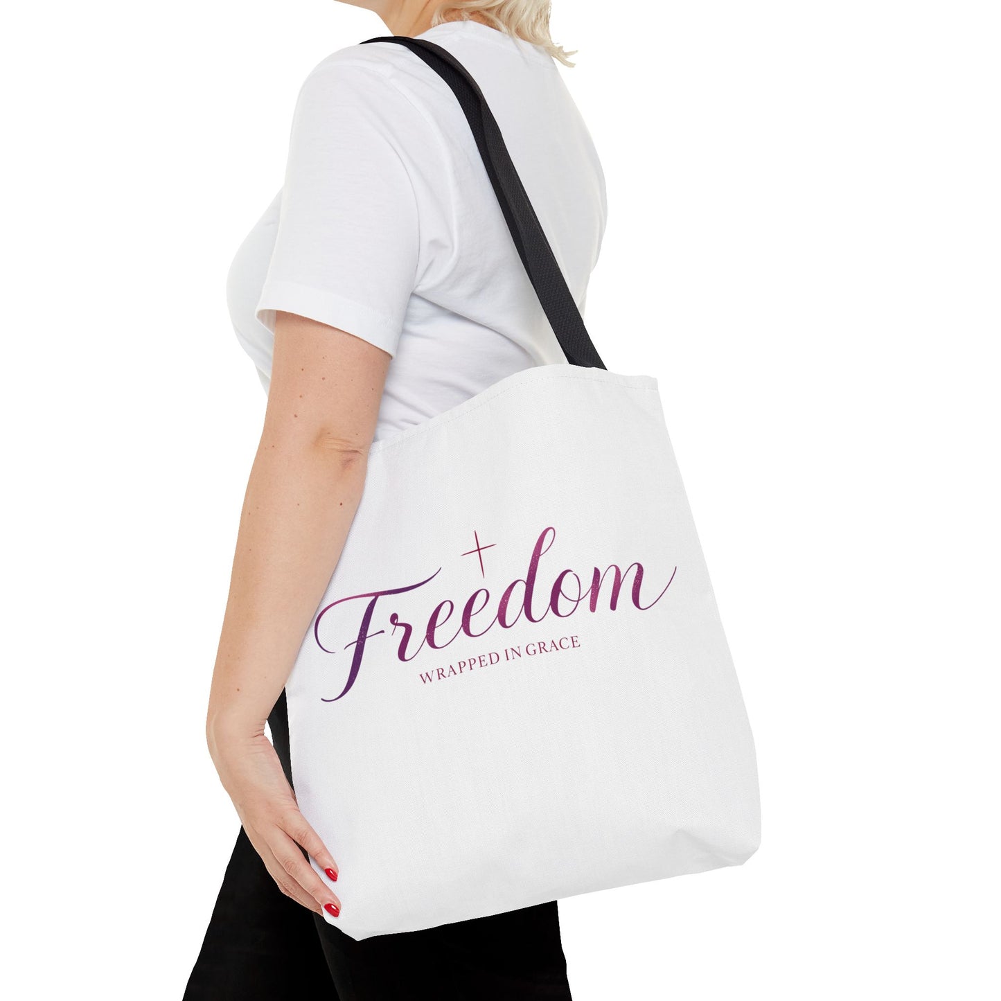 Freedom Tote Bag — "Freedom Wrapped in Grace" Inspirational Christian Canvas Tote