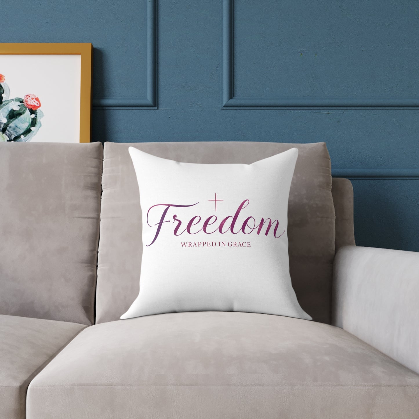Freedom Wrapped in Grace Square Pillow — Inspirational Christian Decor