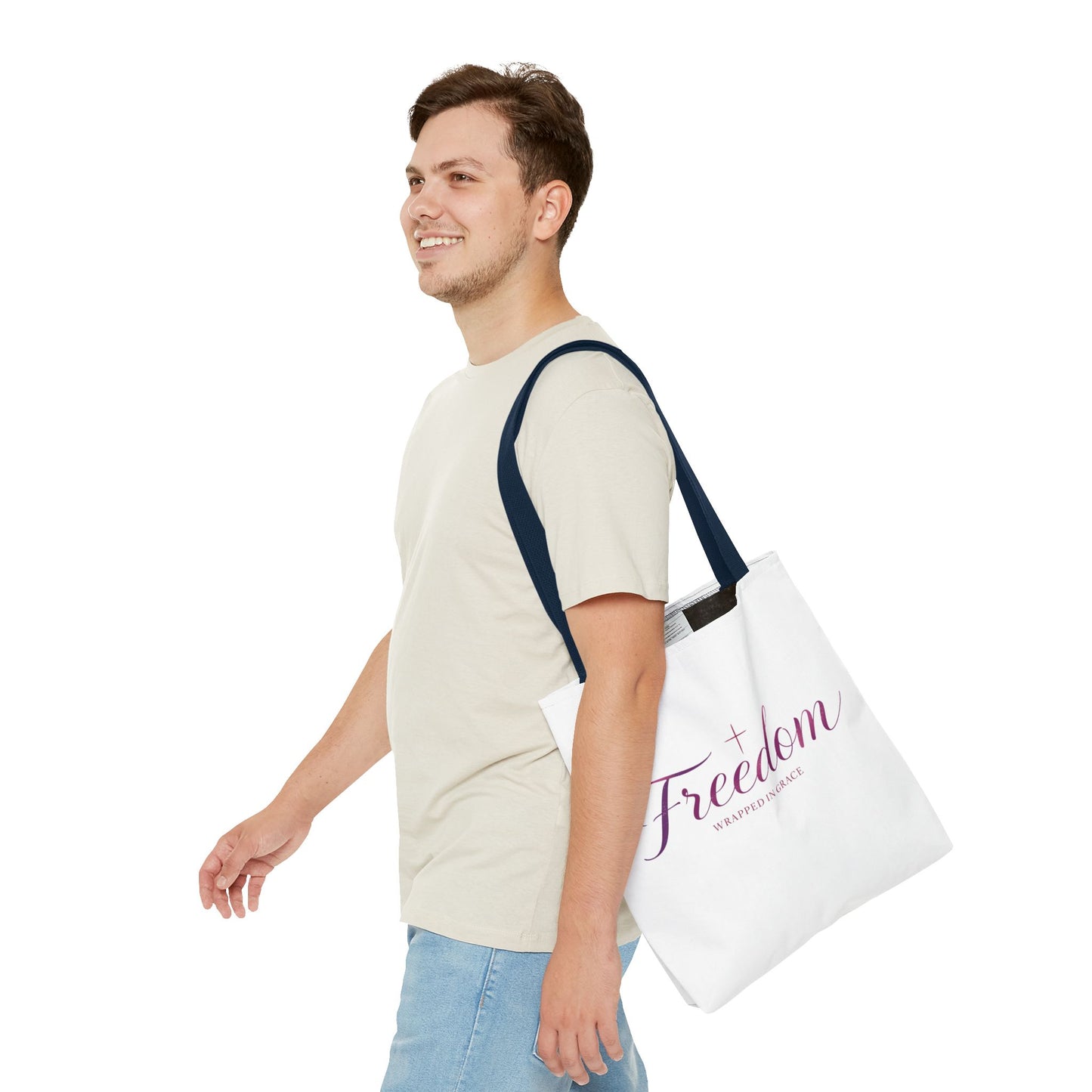 Freedom Tote Bag — "Freedom Wrapped in Grace" Inspirational Christian Canvas Tote