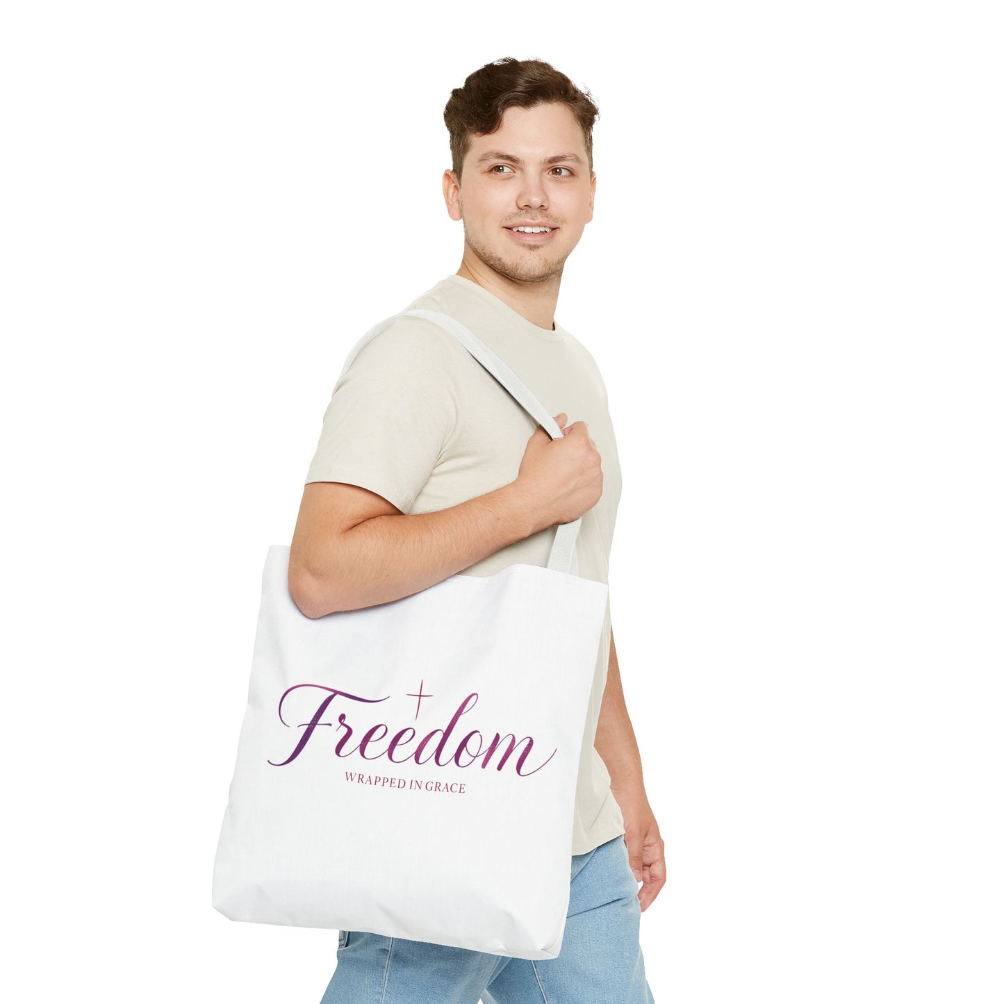 Freedom Tote Bag — "Freedom Wrapped in Grace" Inspirational Christian Canvas Tote