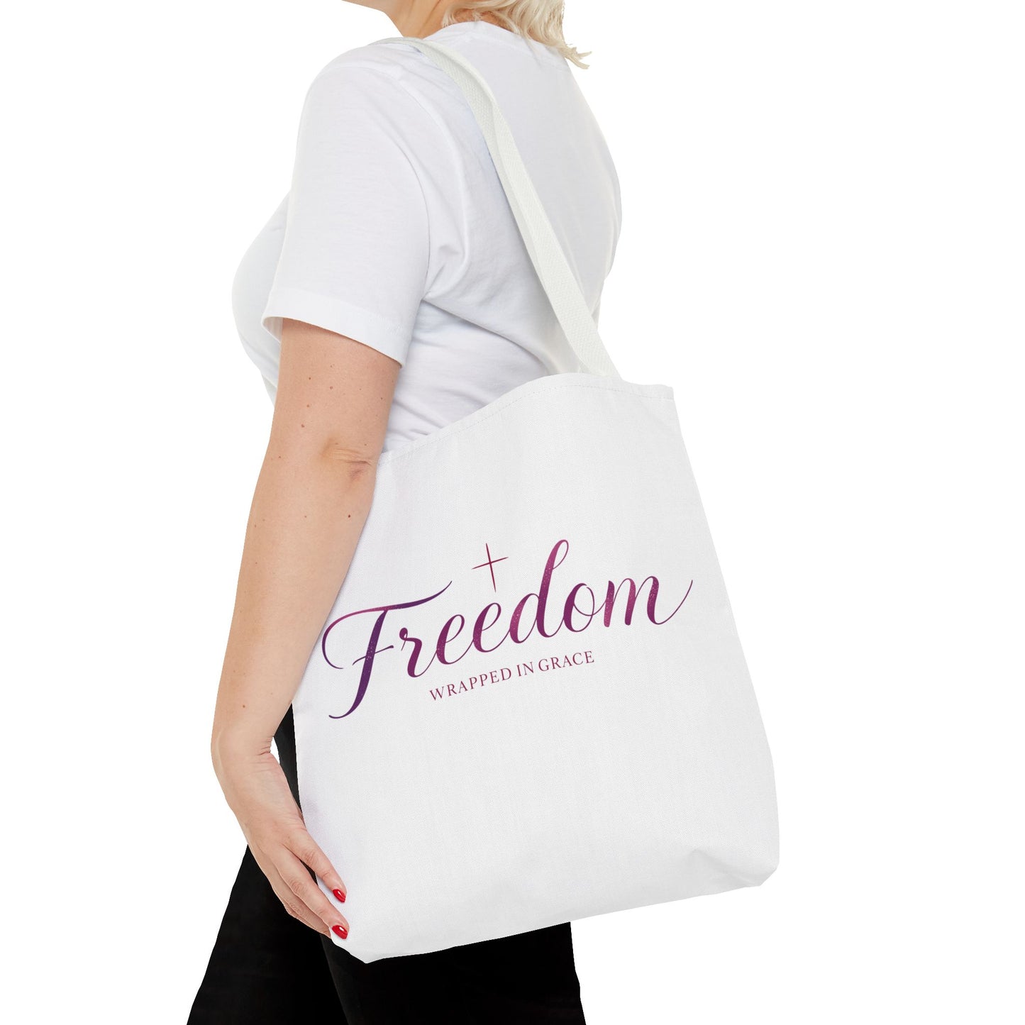 Freedom Tote Bag — "Freedom Wrapped in Grace" Inspirational Christian Canvas Tote