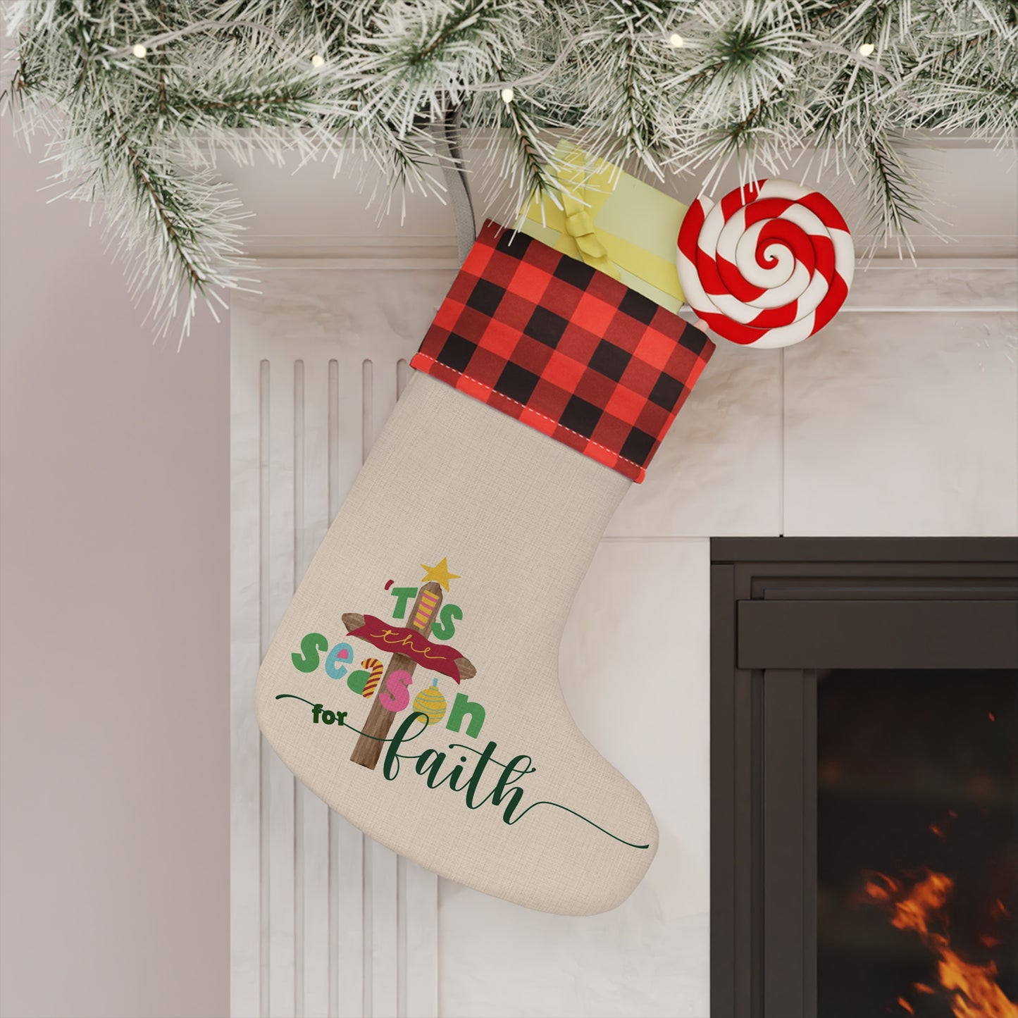 Christmas Stocking – “’Tis the Season for Faith” Buffalo Check Cuff Holiday Stocking