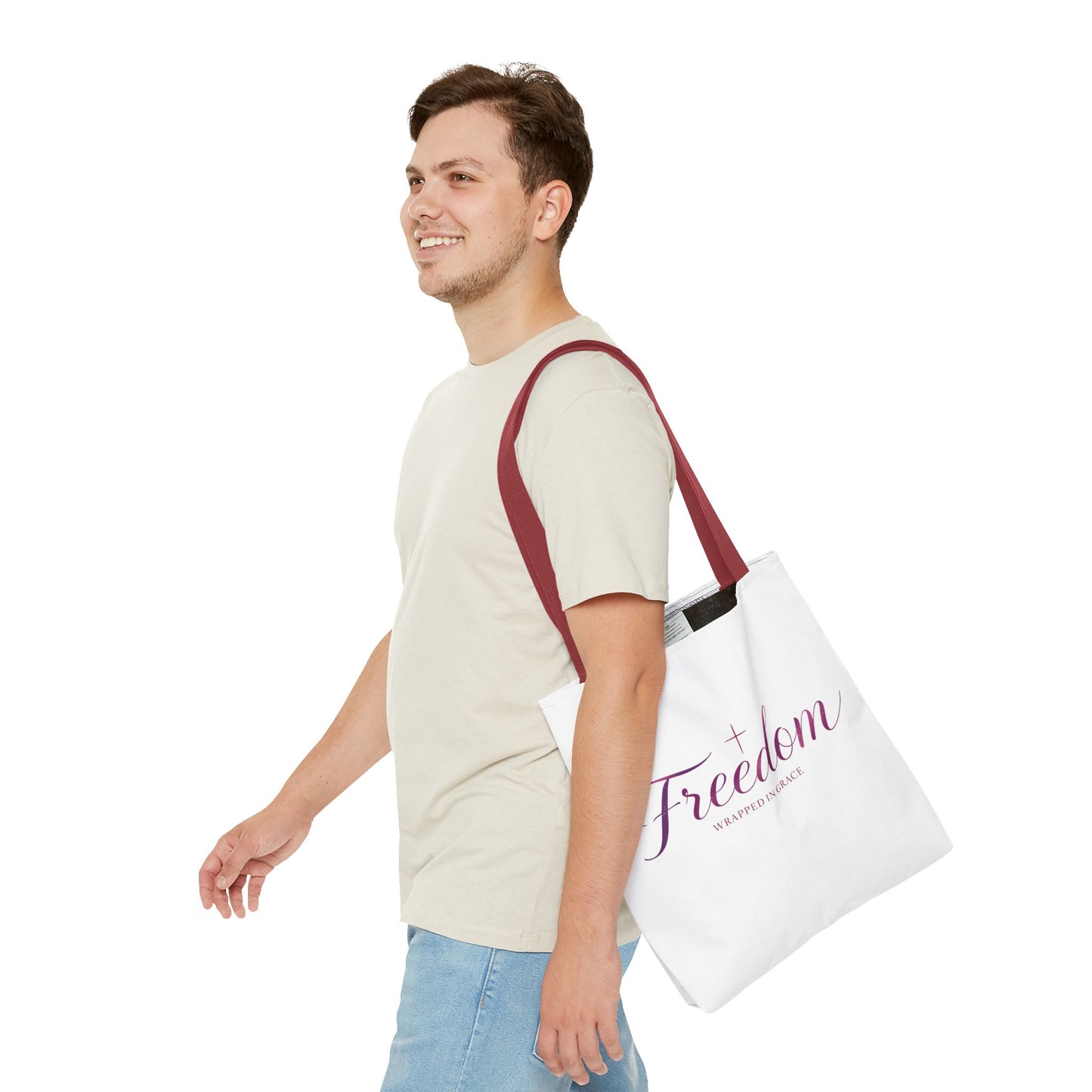 Freedom Tote Bag — "Freedom Wrapped in Grace" Inspirational Christian Canvas Tote